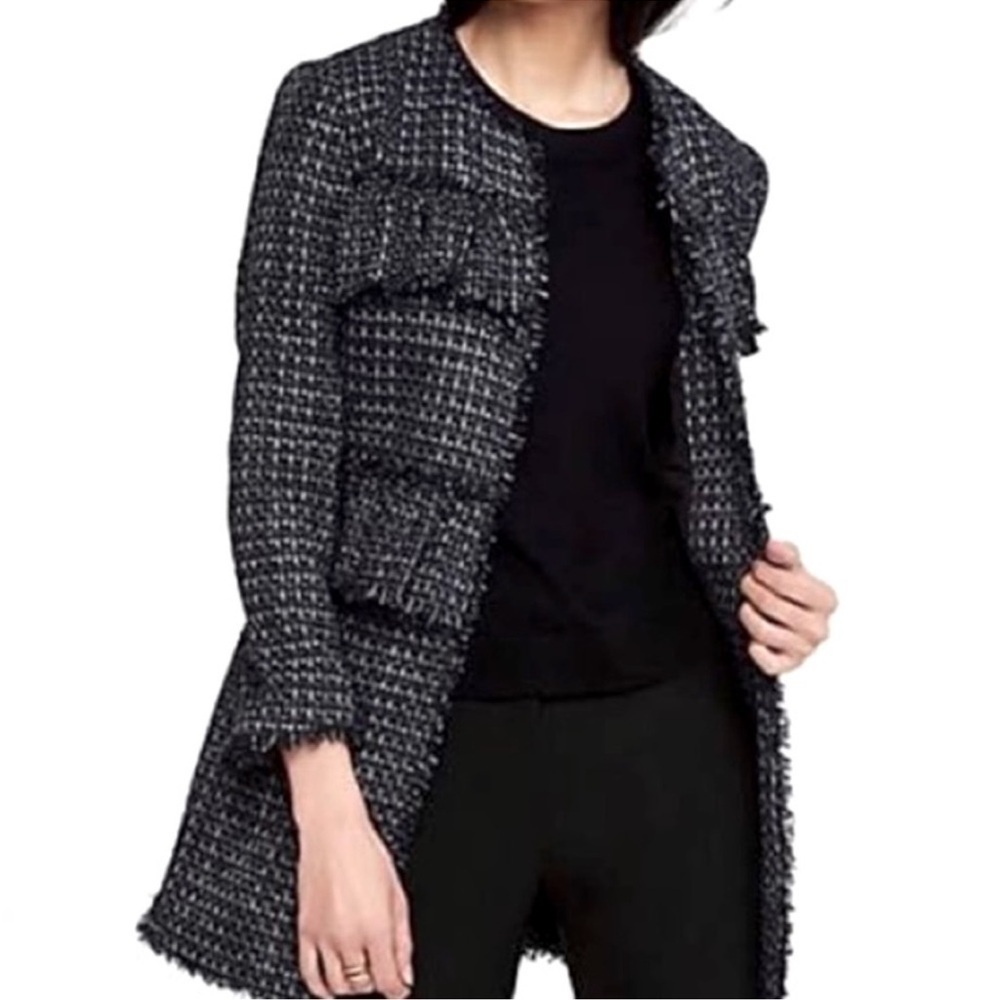 Ann Taylor Navy Tweed Ruffle Fringe Coat